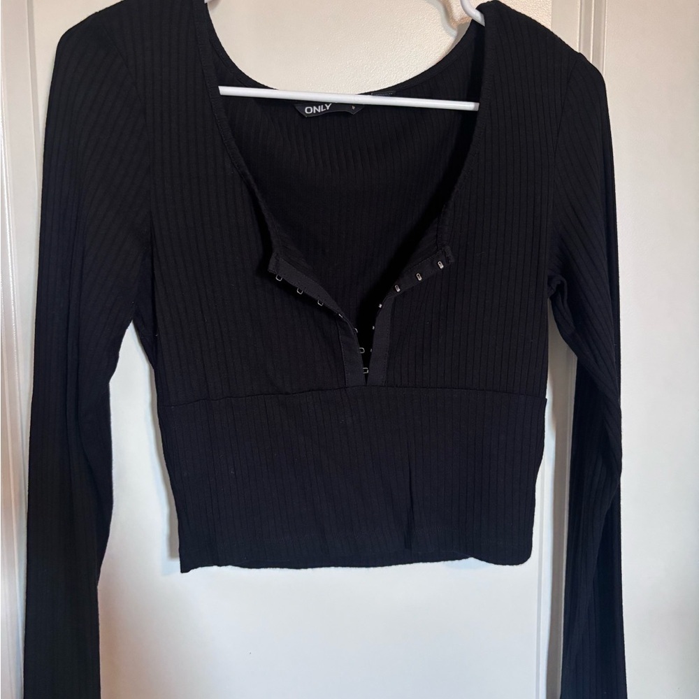 ONLY via ASOS Women's Black Ribbed Long Sleeve Top with hook and eye detail